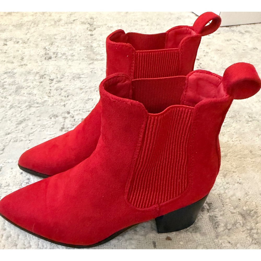 Dream Pairs Womens Red Faux Suede Pointed Toe Block Heel Chelsea Ankle Boots 5